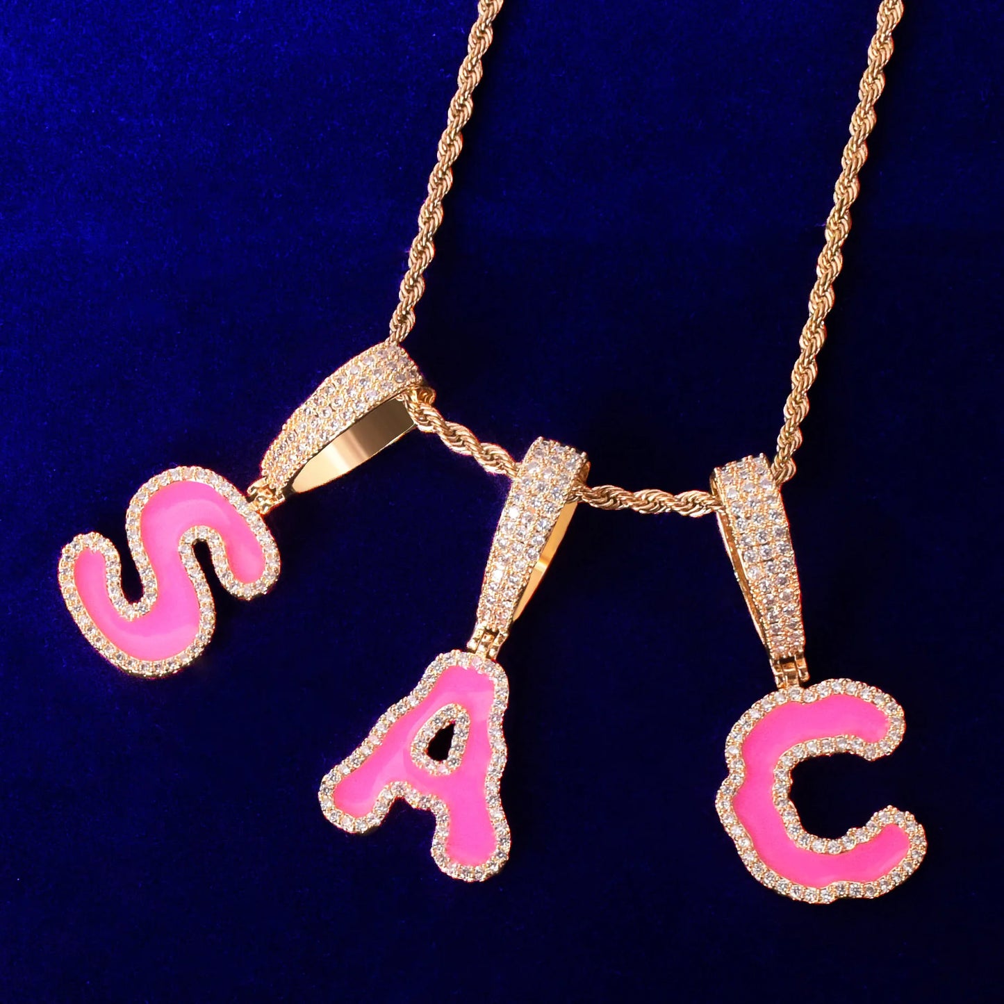 Single Blue Pink Letters Pendant Necklaces For Men Women Solid Back Gold Color AAAA Cubic Zircon Hip Hop Jewelry