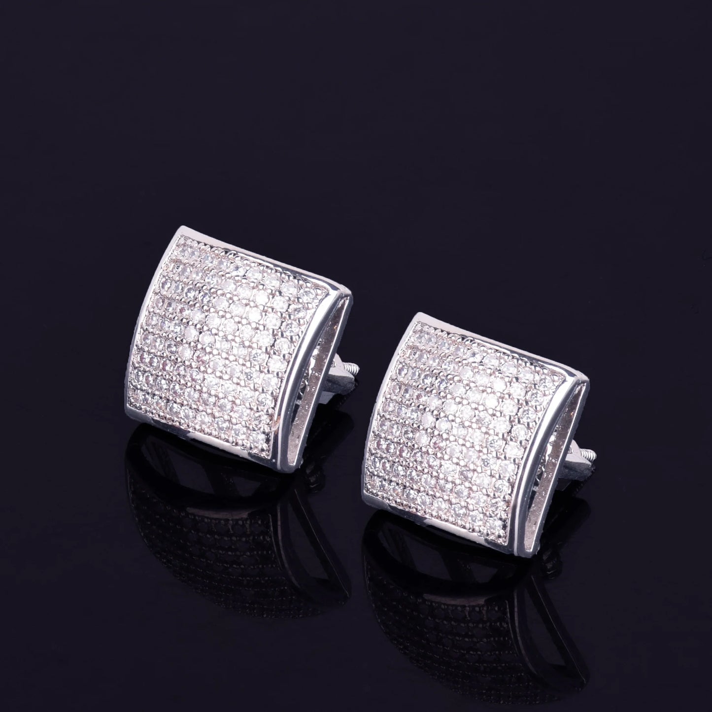 12MM Square Men Women Stud Earring Gold Color Iced Cubic Zircon Screw Back Earrings Hip Hop Jewelry