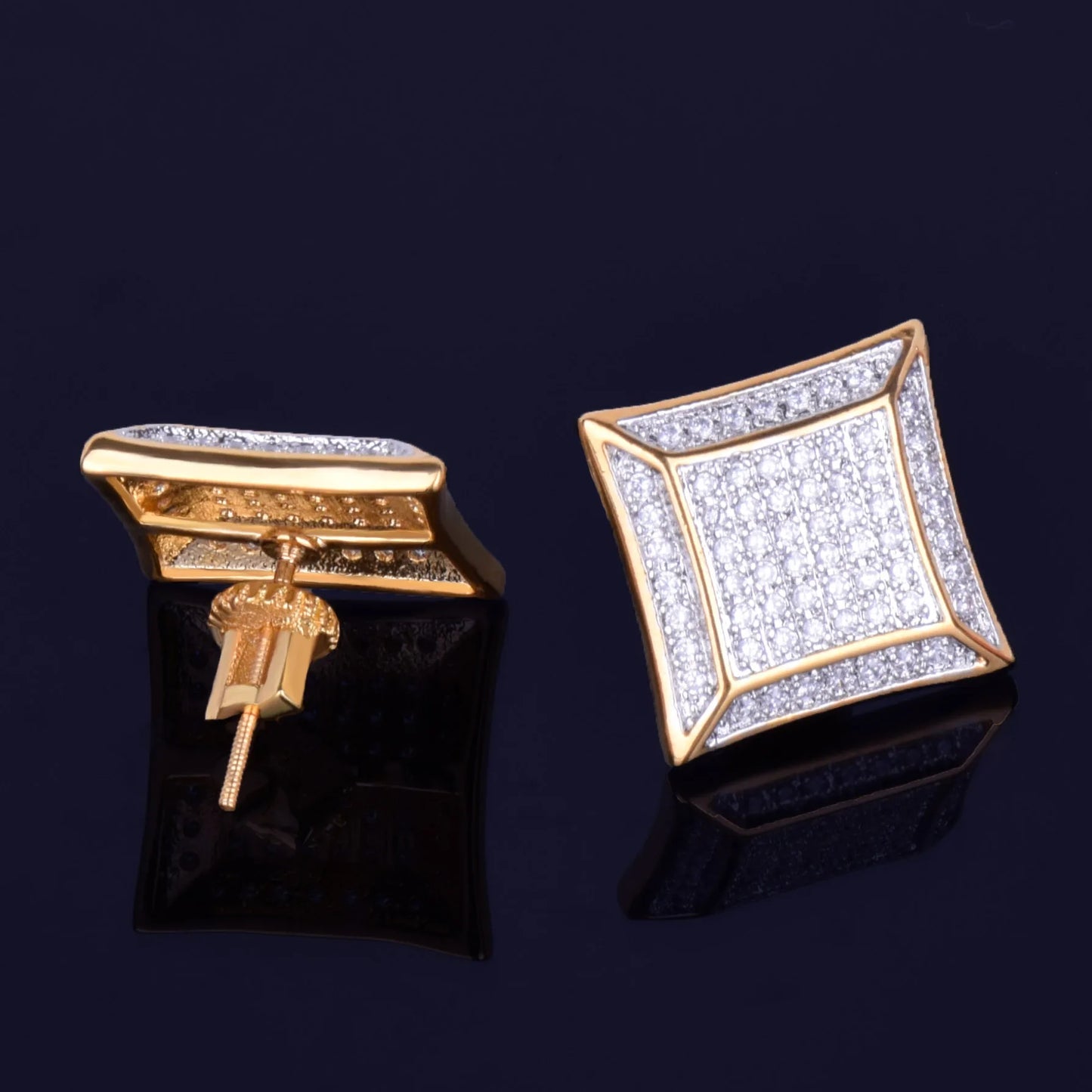 15MM Big Square Men Stud Earring Gold Color Full Cubic Zircon Screw Back Earrings Hip Hop Jewelry for Women