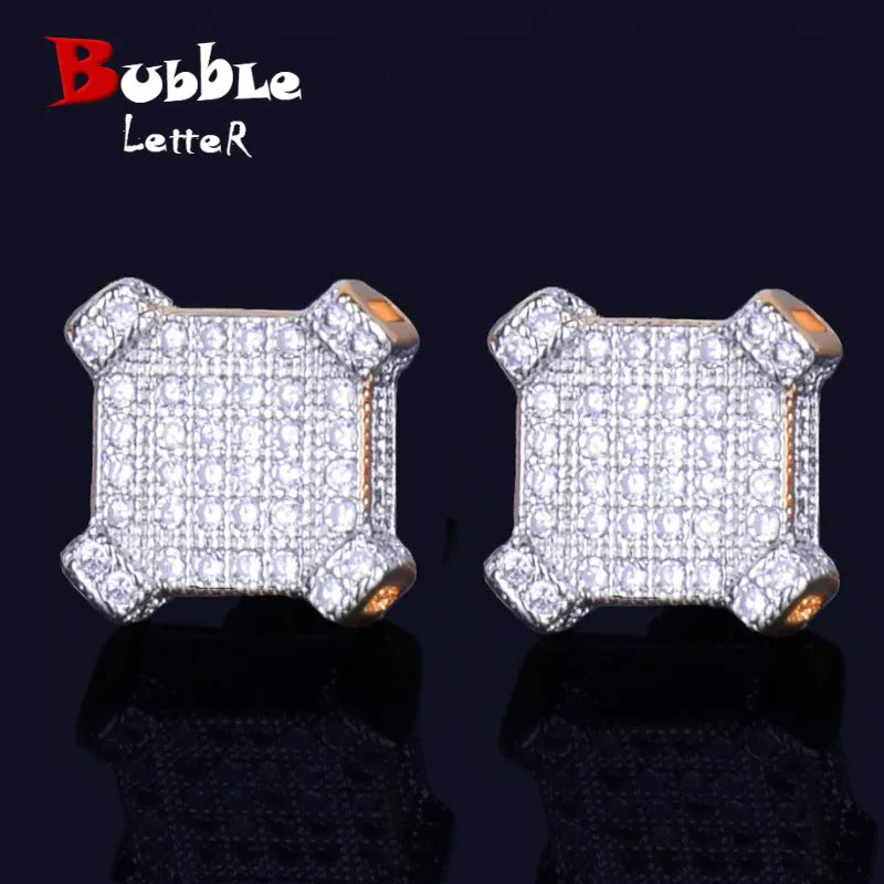 10MM Square Stud Earring Gold Color Charm Screw Back Full AAAA Zircon Women Men's Fashion Earrings Hip Hop Jewelry