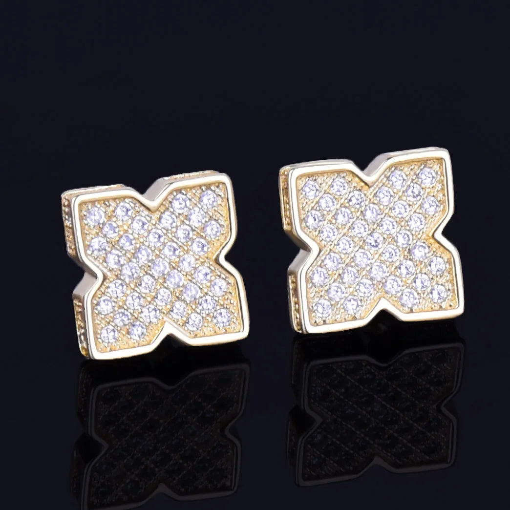 9MM Flower shape Men's Women Stud Earring Gold Color Charm Full Cubic Zircon Screw Back Earrings Fashion Hip Hop Jewelry