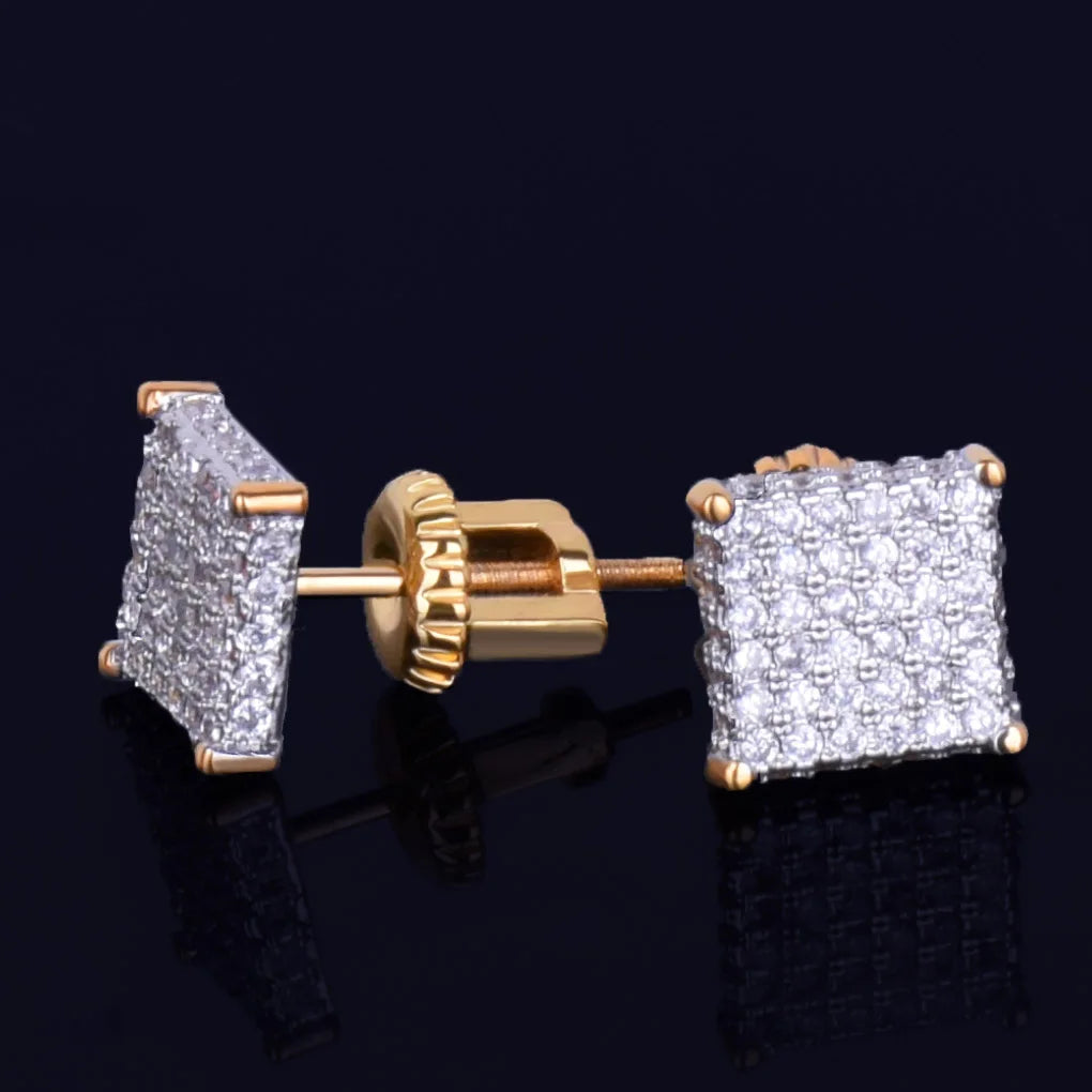 8MM Small Stud Earring Square Charm Screw Back Full Zircon Men's Women Silver Color Fashion Hip Hop Jewelry