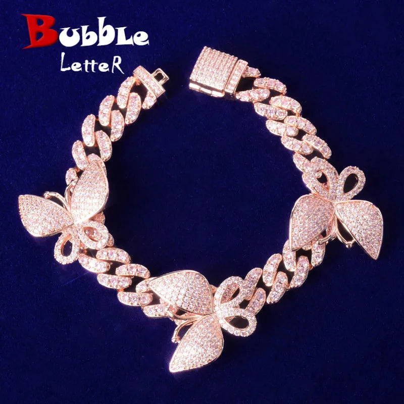 10mm Pink Miami Cuban Link Bracelet With Butterfly Bling Women Jewelry AAAA Zircon Hip Hop Chain