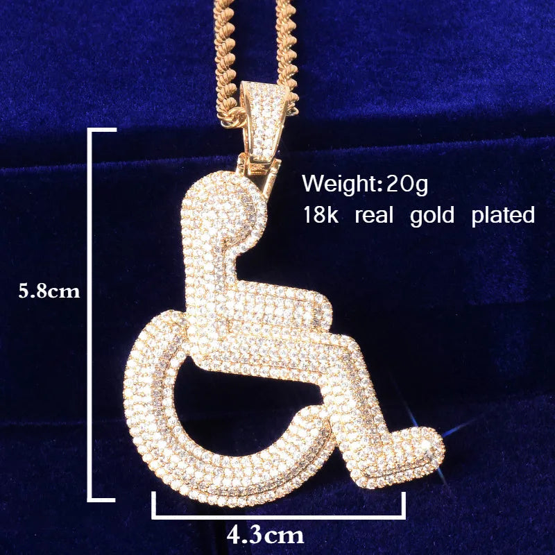 Bubble Letter Wheelchair Handicap Sign Pendant Necklace Gold Color Charm Bling Cubic Zircon Men's Hip hop Rock Jewelry