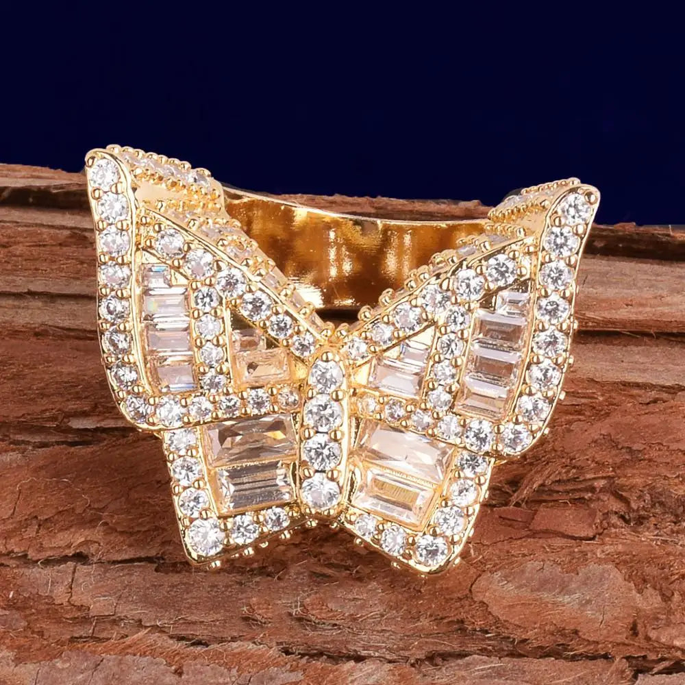 Bubble Letter Butterfly Rings for Women Iced Out Real Gold Plated Hip Hop Jewelry 2022 Trend