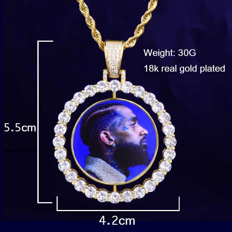 Bubble Letter Custom Photo Necklace for Men Rotating Double-Sided Medallions Spinning Pendant  Hip Hop Jewelry