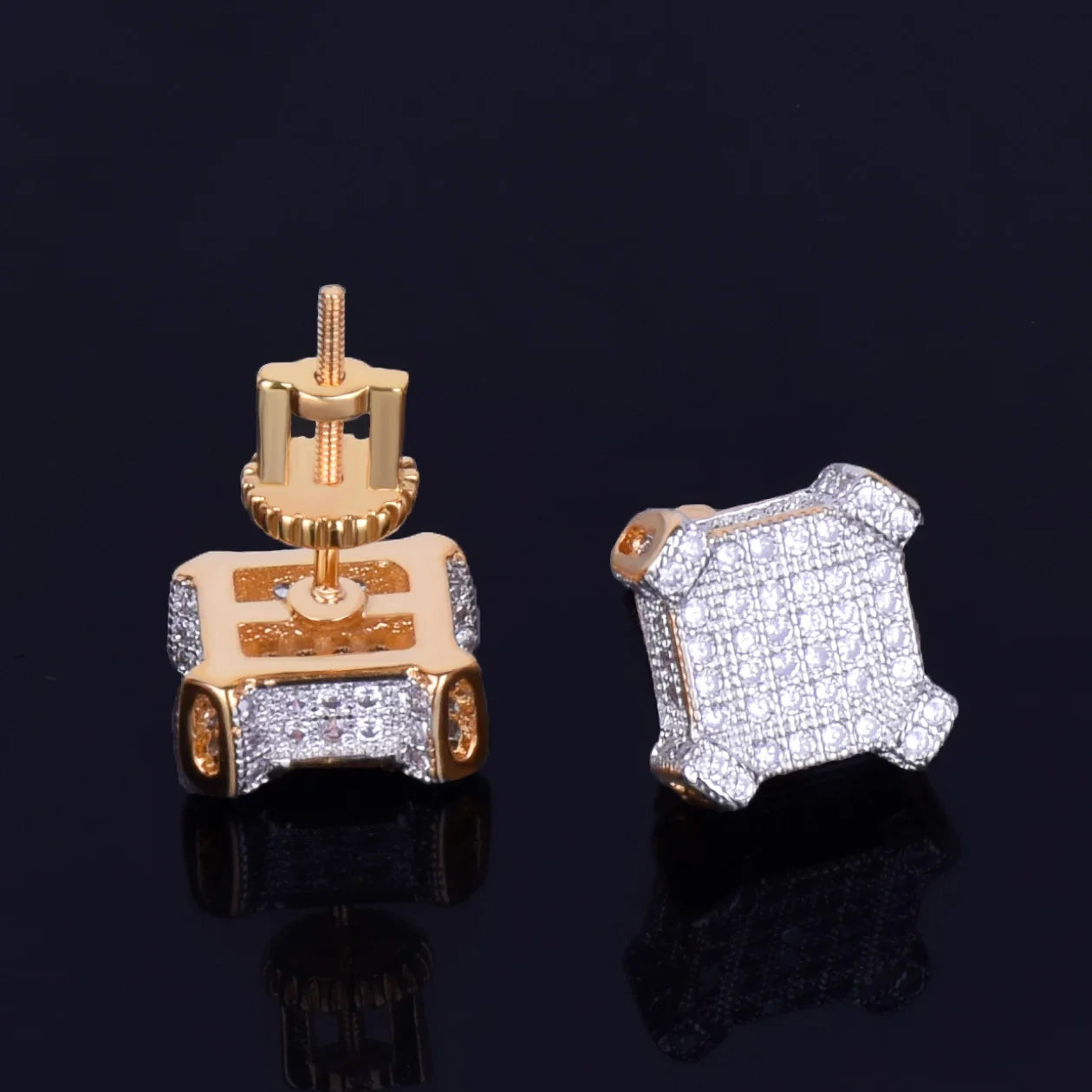 10MM Square Stud Earring Gold Color Charm Screw Back Full AAAA Zircon Women Men's Fashion Earrings Hip Hop Jewelry