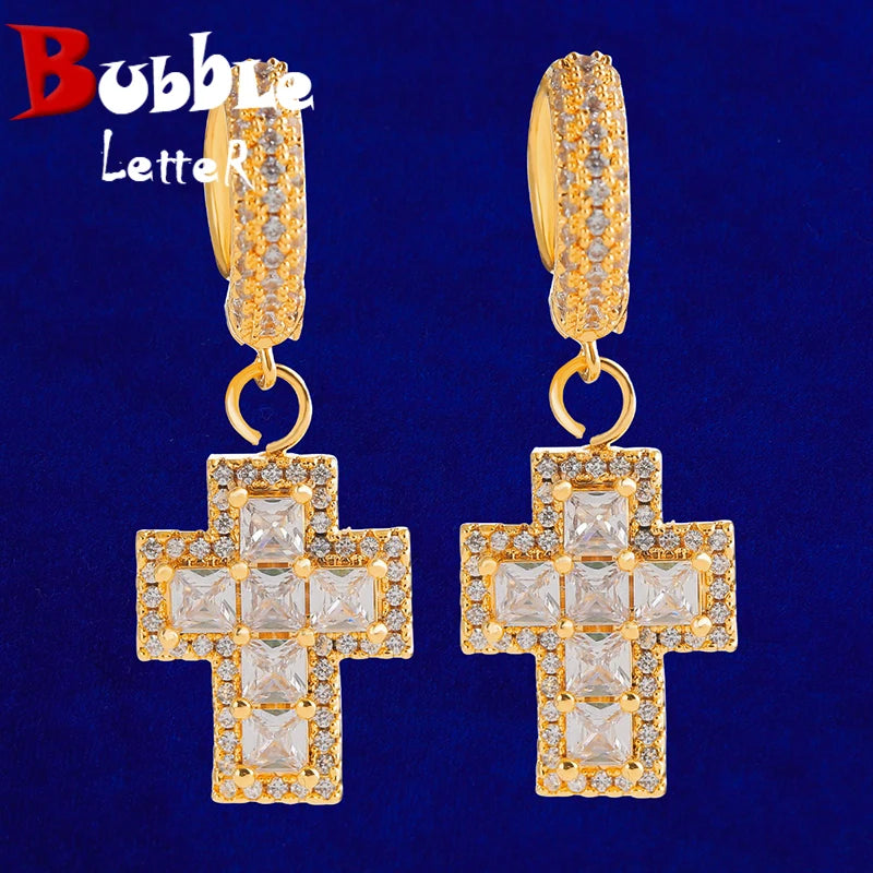 Bubble Letter Cross Drop Earrings for Men Baguette Real Gold Plated Hip Hop Iced Out Jewelry Free Shipping Items