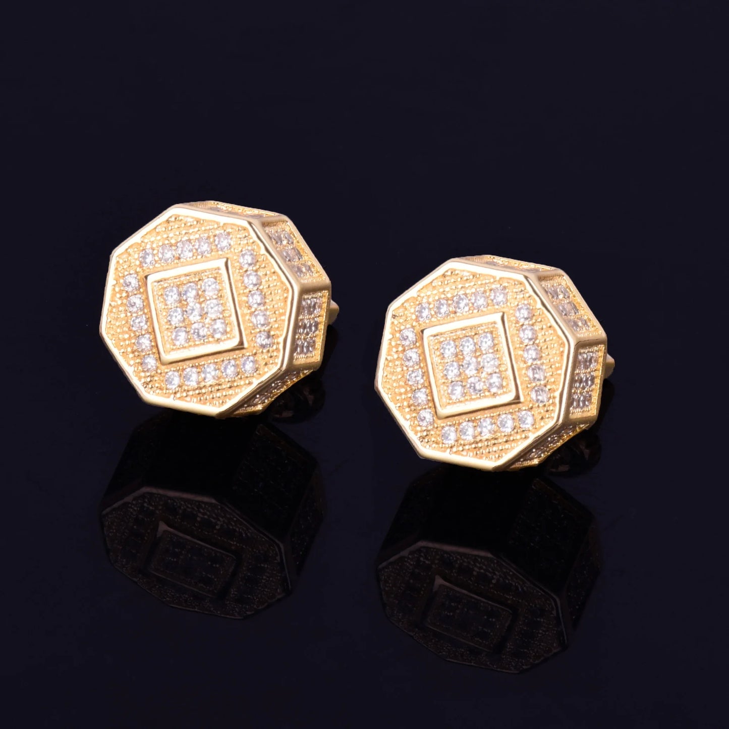 11MM Round Men Women Stud Earring Gold Color Iced Cubic Zircon Screw Back Earrings Hip Hop Jewelry