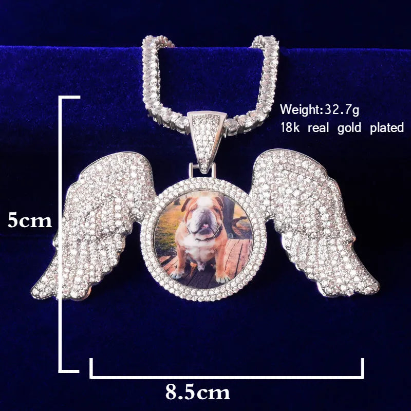 Bubble Letter Solid Back Wing Down Circle Picture Photo Pendant Micro Pave Charm Men's Hip Hop Rock Jewelry