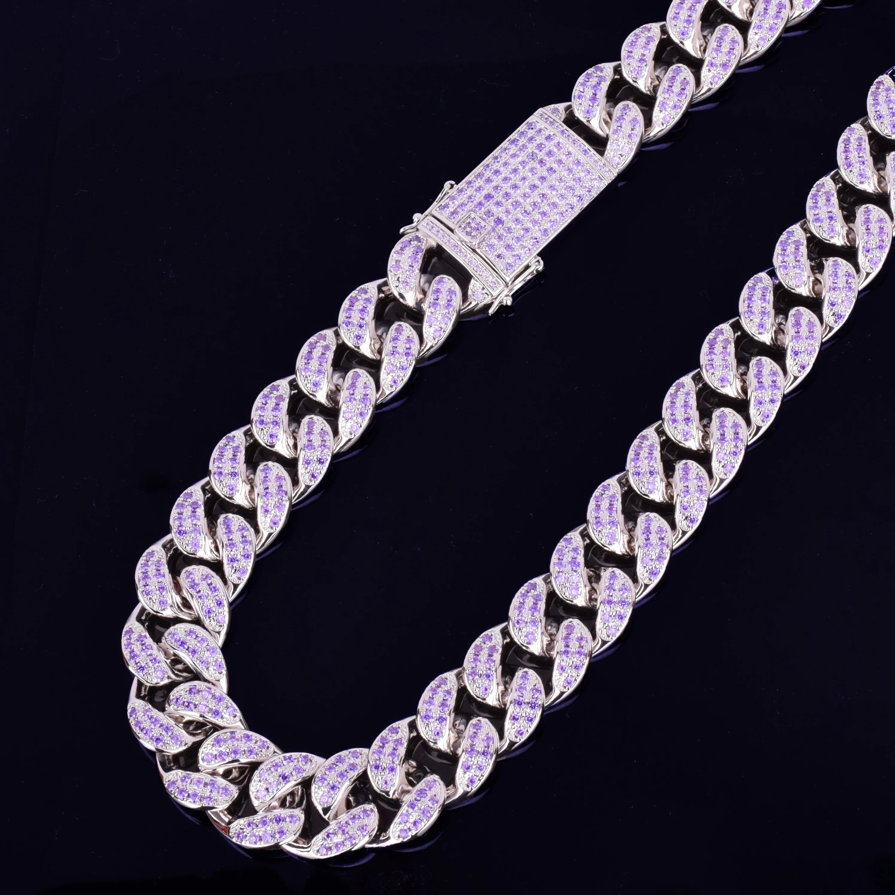 Bubble Letter Heavy Purple Zircon Miami Cuban Link Chain for Men Necklace Choker Bling Hip Hop Rock Fashion Jewelry 2021 Trend