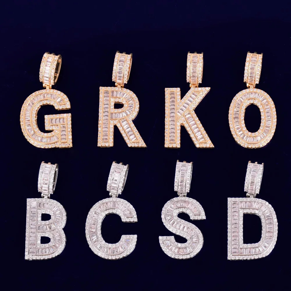 Baguette Letters Pendant With 4mm Tennis Chain Necklace Set Gold Color Women/Men's Hip Hop Fashon Jewelry
