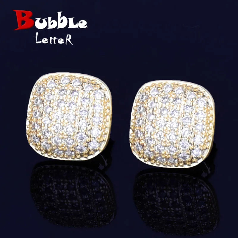 10MM Square Men Women Stud Earring Gold Color Full Cubic Zircon Screw Back Earrings Hip Hop Jewelry for Gift