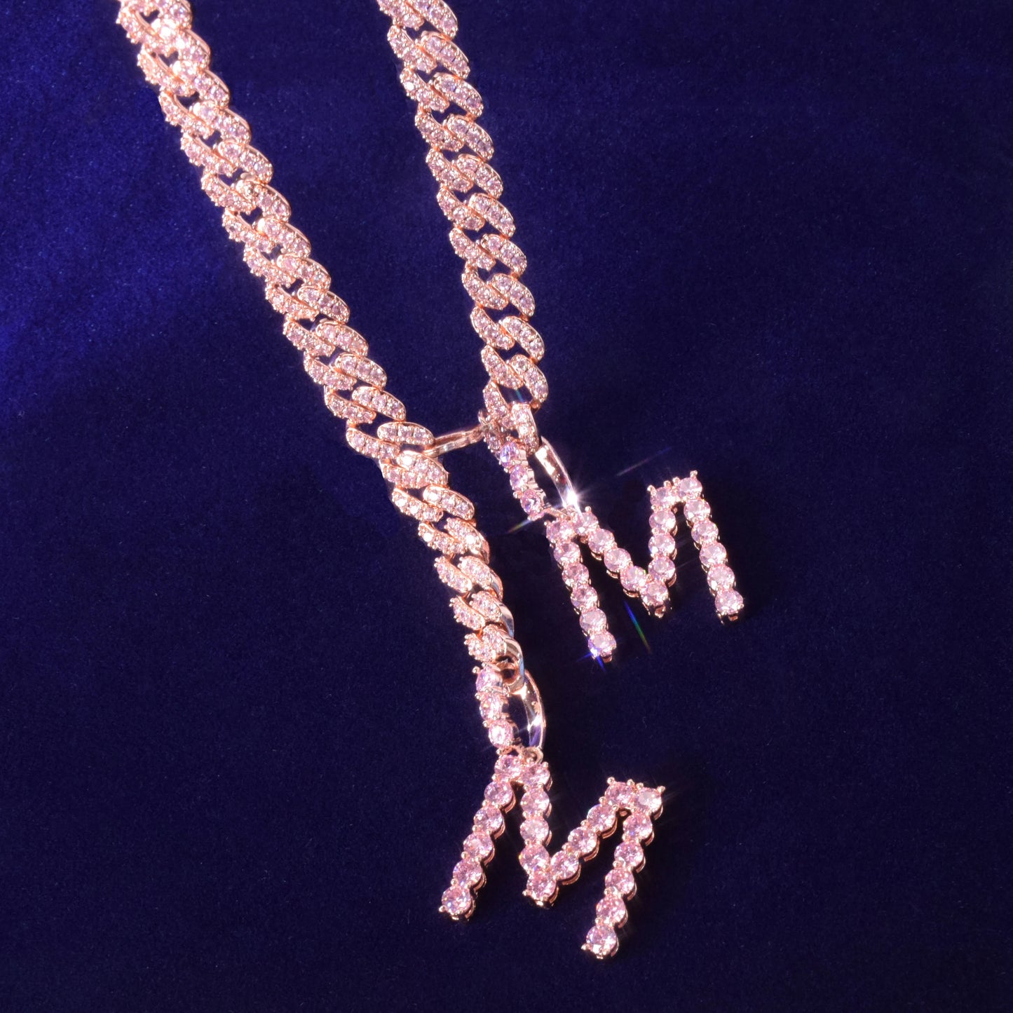 Custom name Pink Zircon Tennis Letters With 10MM Cuban Chain Pendants Necklaces Men's Zircon Hip Hop Rock Jewelry