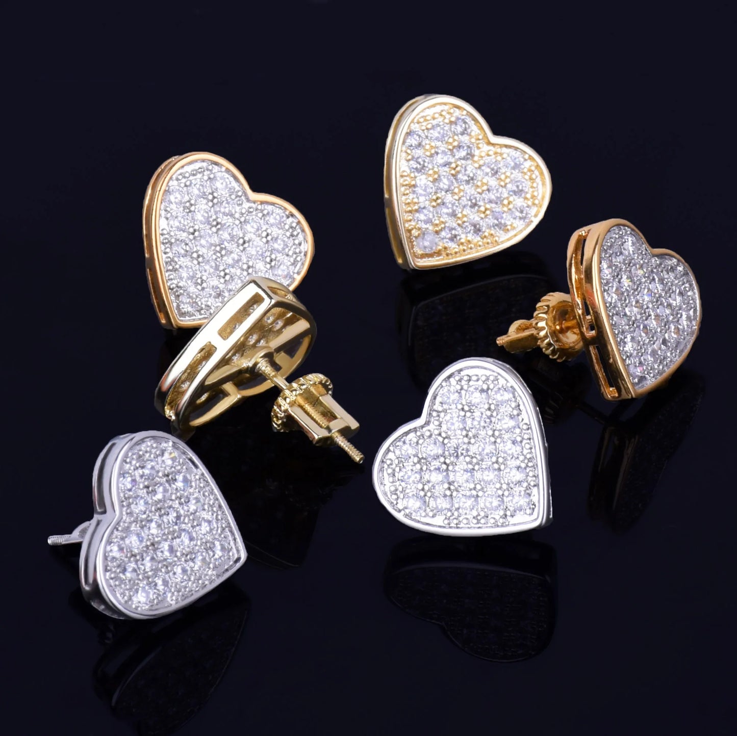 14MM Width Heart-shaped Gold Color Stud Earring For Men Women Full Cubic Zircon Screw Back Earrings Fashion Hip Hop Jewelry Gift