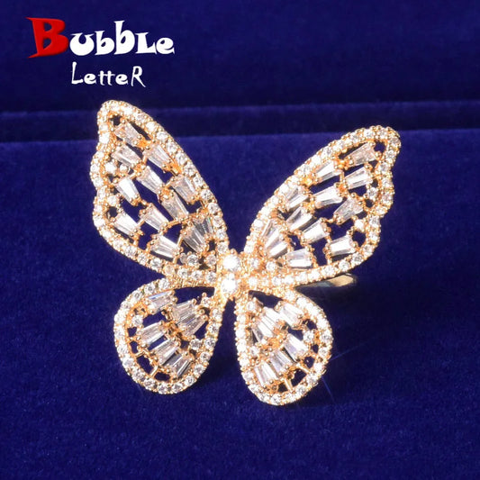 Bubble Letter Women Ring 2021 Trend Butterfly Baguette Real Gold Plated Hip Hop Jewelry Gift Adjustable