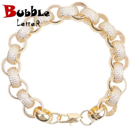 12MM Circle Cuban Link Bracelet Hip Hop Jewelry Gold Plated Copper Material Iced Out 5a CZ Chain