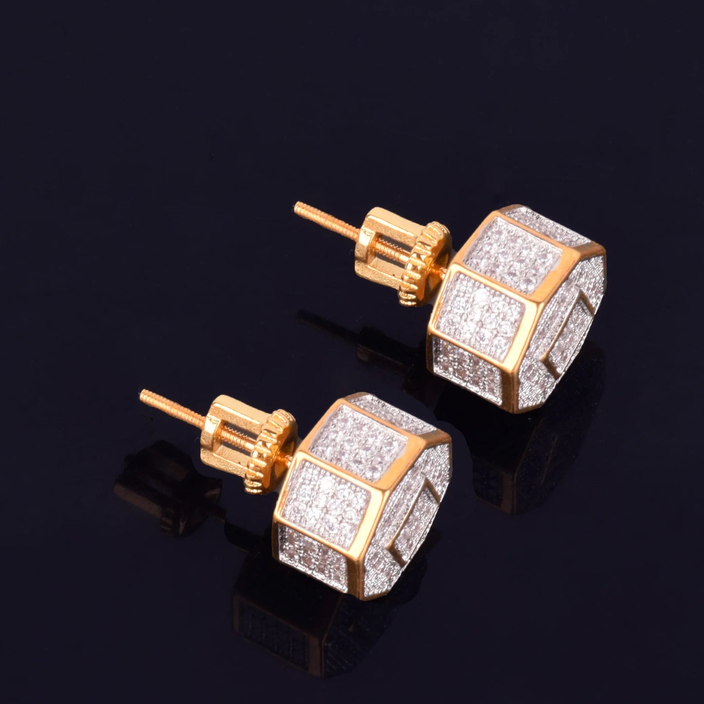 11MM Round Men Women Stud Earring Gold Color Iced Cubic Zircon Screw Back Earrings Hip Hop Jewelry