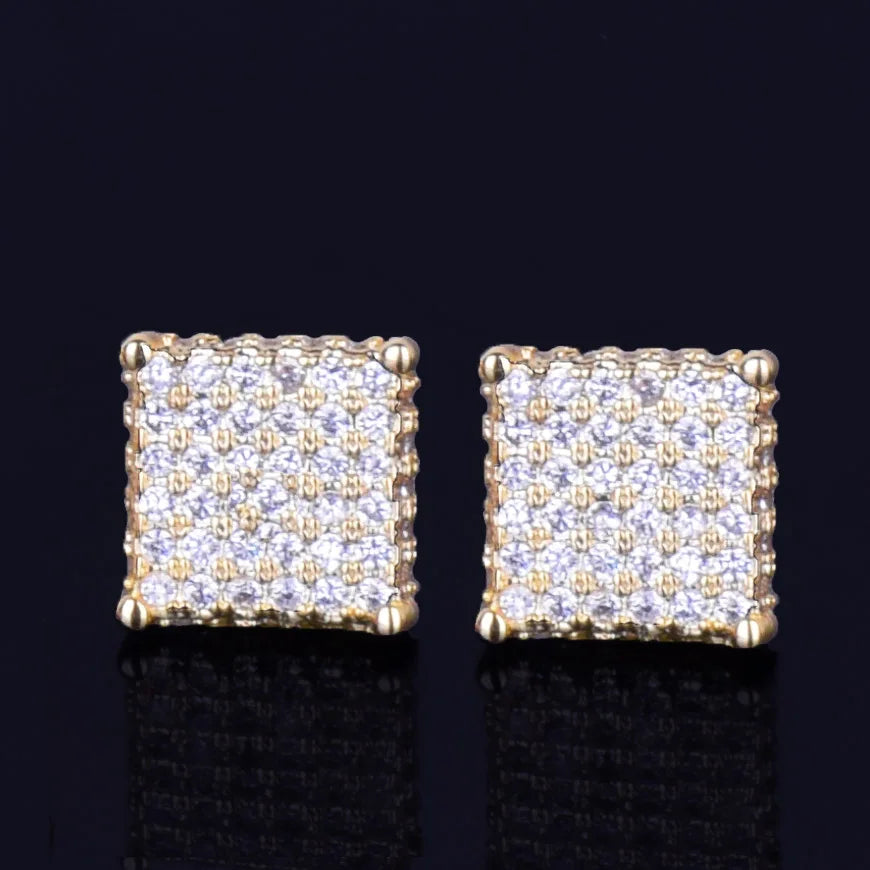 8MM Small Stud Earring Square Charm Screw Back Full Zircon Men's Women Silver Color Fashion Hip Hop Jewelry