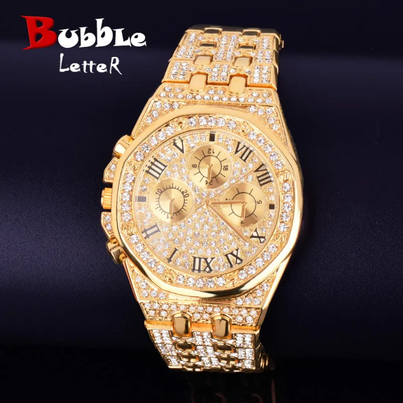 Bubble Letter Men's Watch Gold Color Big Dial Military Quartz Clock Luxury Rhinestone Business Waterproof Relogio Masculio