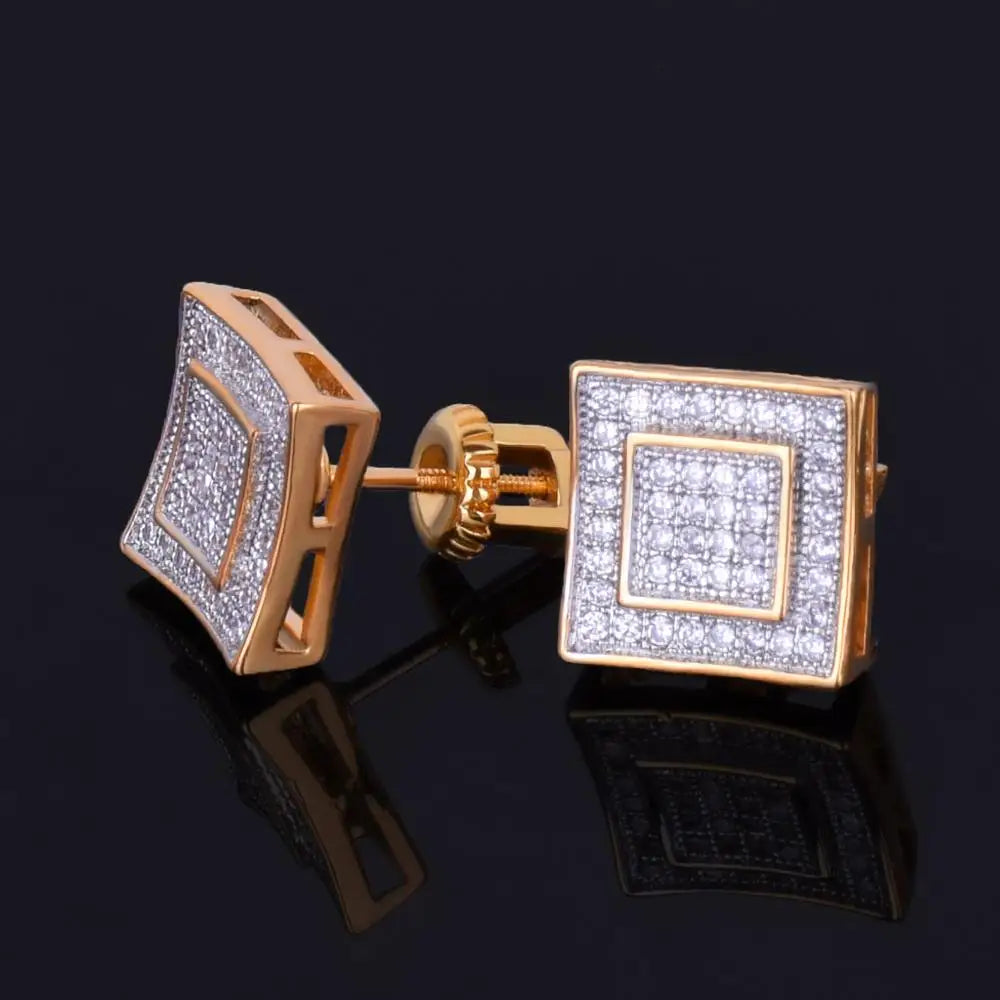 11MM Square Stud Earring Silver Color Full Cubic Zircon Screw Back Men's Earrings Fashion Hip Hop Jewelry for Gift