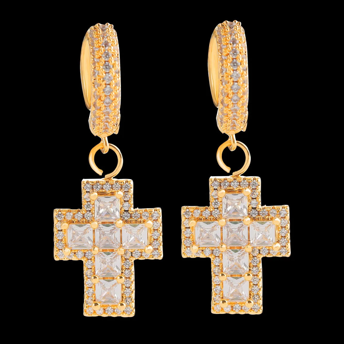 Bubble Letter Cross Drop Earrings for Men Baguette Real Gold Plated Hip Hop Iced Out Jewelry Free Shipping Items