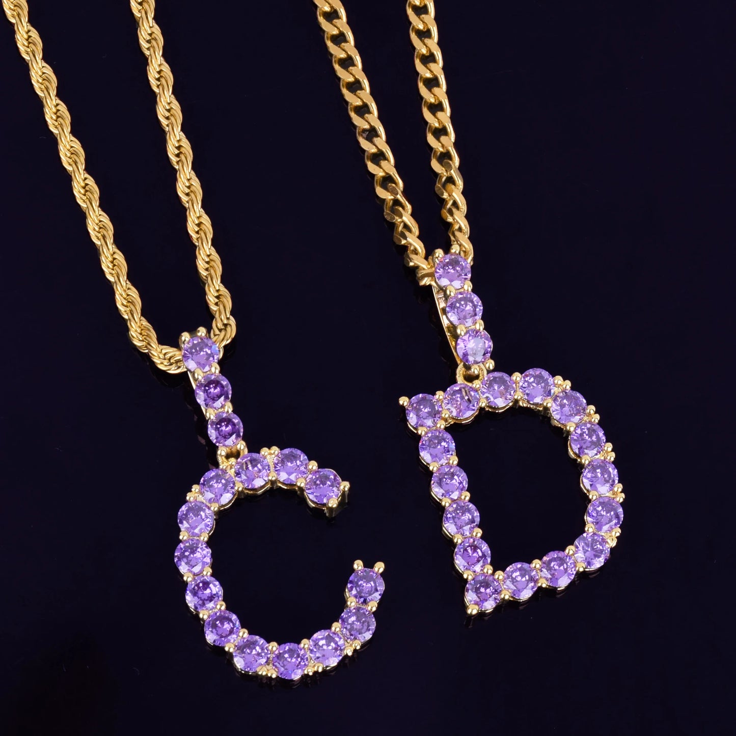 Bling Purple Color Zircon Tennis Letters Pendant Necklaces For Men/Women Gold Color Fashiom Hip Hop Jewelry with Rope chain