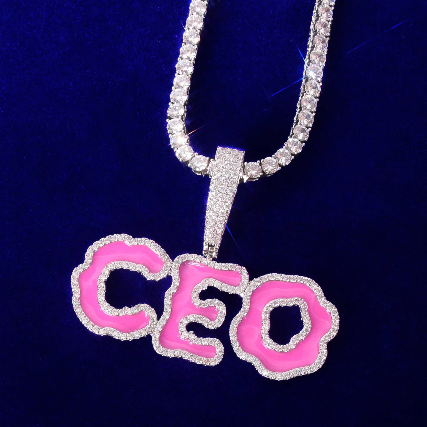 Solid Back Custom Name Pink Oil Bubble Letters Pendant Necklaces For Men Women Bling Cubic Zircon Hip Hop Rokas Jewelry