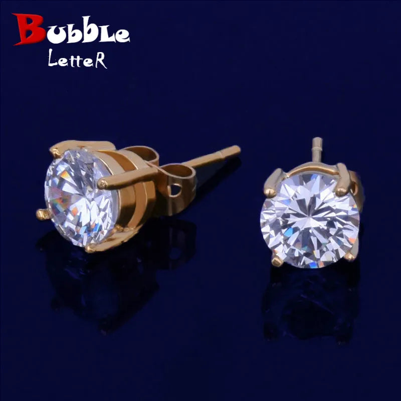 Cubic Zircon Stud Earring for Women Hip hop Jewelry Copper Material  AAA CZ Gold Color Round Men Women EARRING Push-back