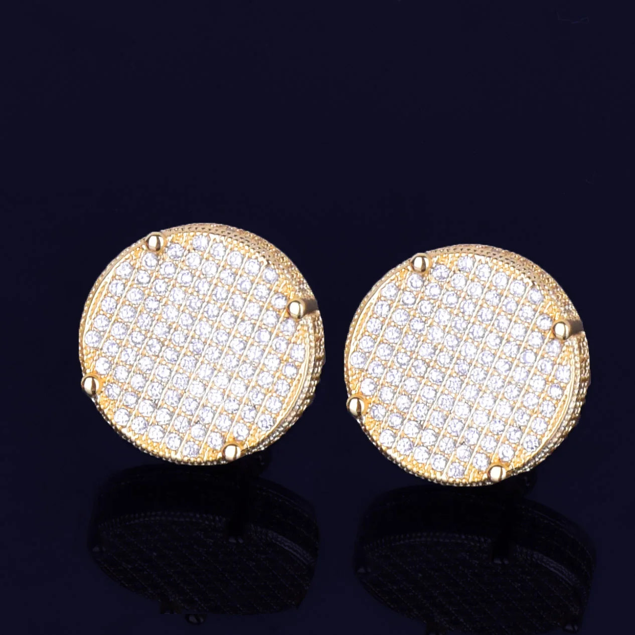 14MM Gold Color Big Round Stud Earring AAAA Cubic Zircon Screw Back Men's Earrings Fashion Hip Hop Jewelry