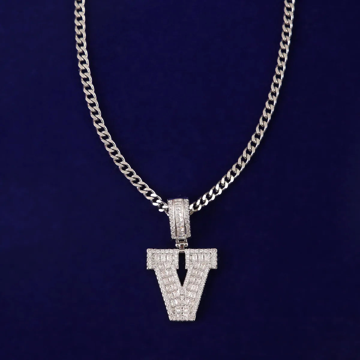 Single Solid Letters Big Zircon Baguette Pendant Hip Hop Gold Color Necklace Jewelry