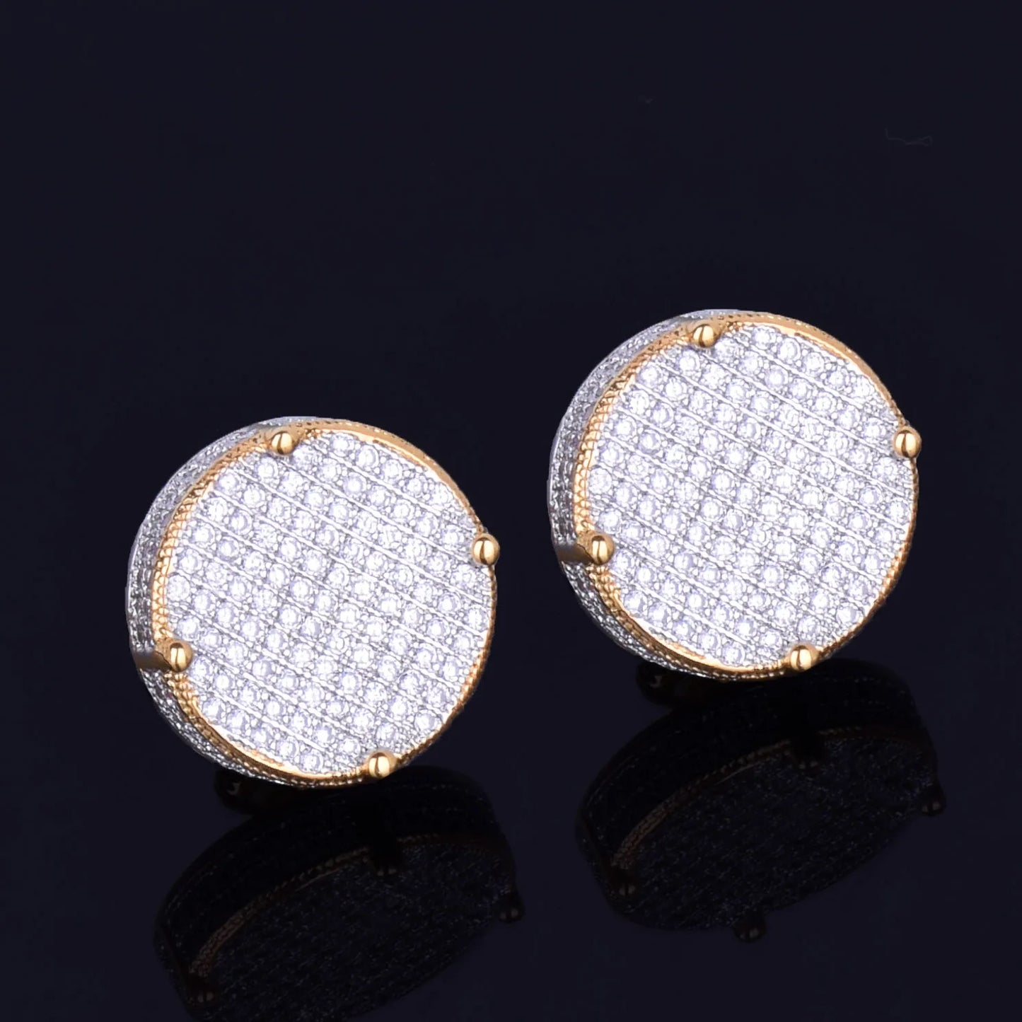 14MM Gold Color Big Round Stud Earring AAAA Cubic Zircon Screw Back Men's Earrings Fashion Hip Hop Jewelry