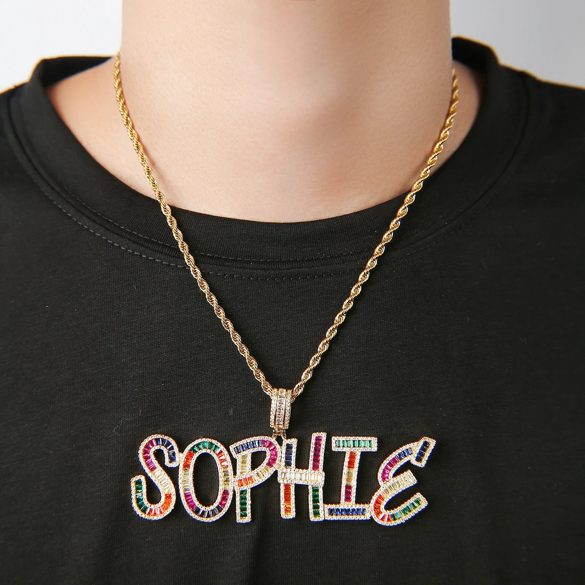 Custom Name Plates Pendant Colorful Baguette Women Hip Hop Jewelry