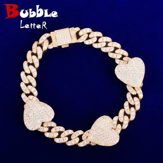 10mm Miami Cuban Link Bracelet With Heart Gold Color Plated Women Jewelry AAAA Zircon Men Hip Hop Chain