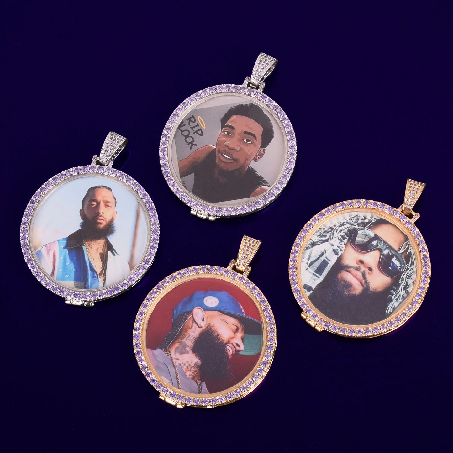 Bubble Letter Men Necklace Custom Photo Chain Picture Personalized Pendant Purple Stones Real Gold Plated Hip Hop Jewelry