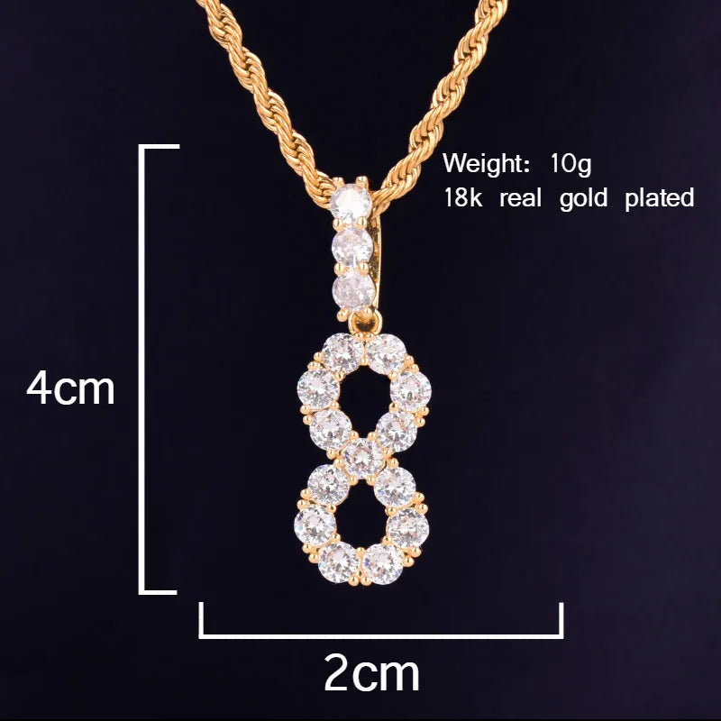 Single Zircon Tennis Number Necklaces & Pendant For Men/Women Gold Color Hip Hop Jewelry with Rope chain