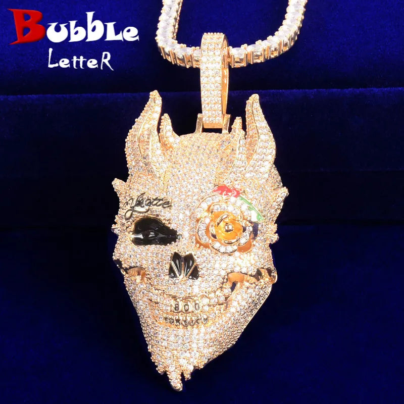 Bubble Letter Skull Men's Pendant Cubic Zircon Gold Color Plated Hip Hop Necklace Rock Jewelry