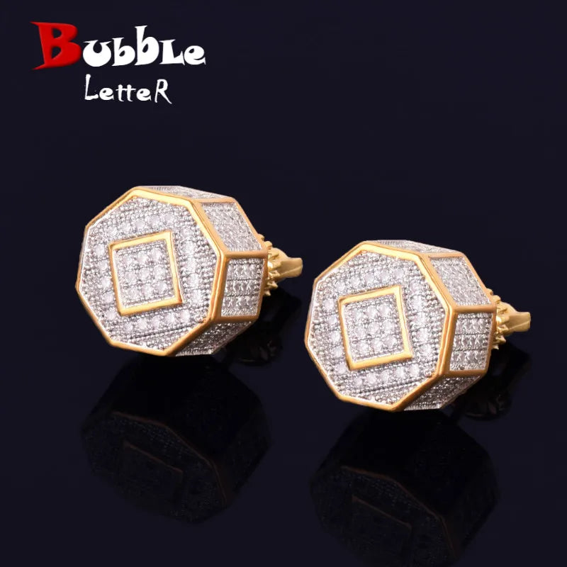 11MM Round Men Women Stud Earring Gold Color Iced Cubic Zircon Screw Back Earrings Hip Hop Jewelry