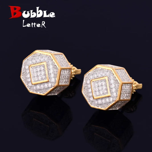 11MM Round Men Women Stud Earring Gold Color Iced Cubic Zircon Screw Back Earrings Hip Hop Jewelry