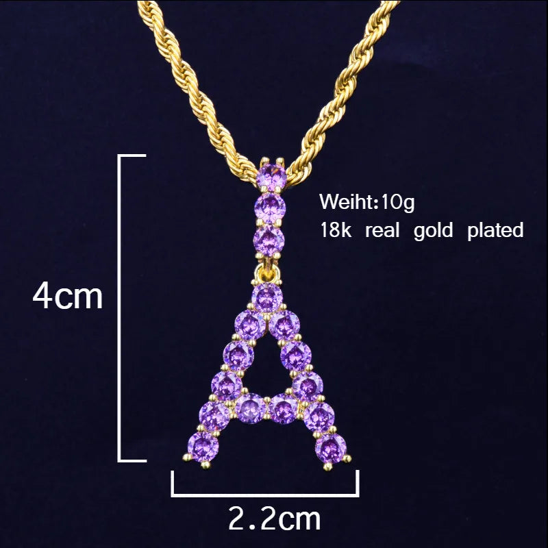 Bling Purple Color Zircon Tennis Letters Pendant Necklaces For Men/Women Gold Color Fashiom Hip Hop Jewelry with Rope chain