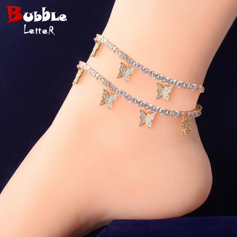 Bubble Letter Feet Jewelry for Women Tennis Chain Butterfly Anklets Real Gold Plated Hip Hop Jewelry  Adjustable Charms