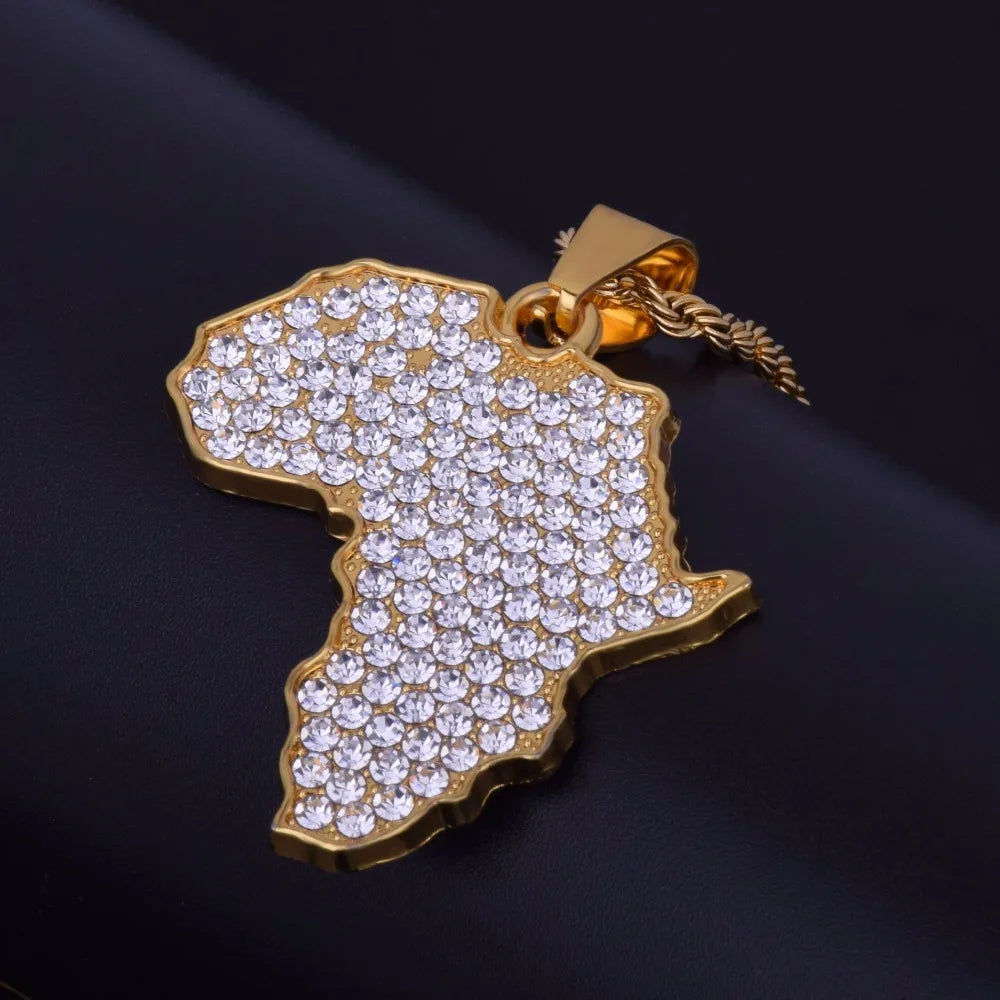 Africa Map Pendant Necklace Bling Rhinestone Crystal Gold Color Hip Hop Chain For Men/Women Gift African Jewelry Wholesale