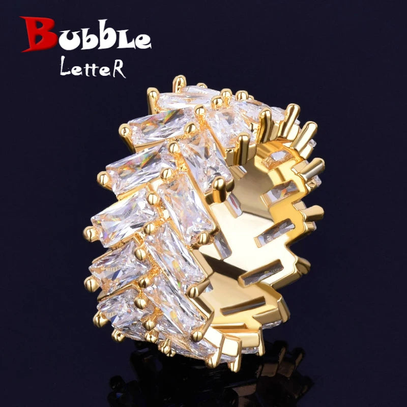 Bubble Letter Iced Out Rings for Men Baguette Couples Real Gold Plated Hip Hop Jewelry 2022 Trend