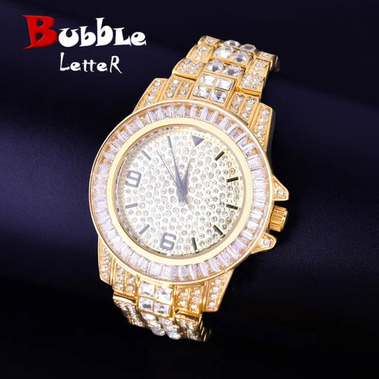 Men's Watch Real Gold Plated Big Dial Military Quartz Clock Luxury Baguette Rhinestone Waterproof Relogio Masculio