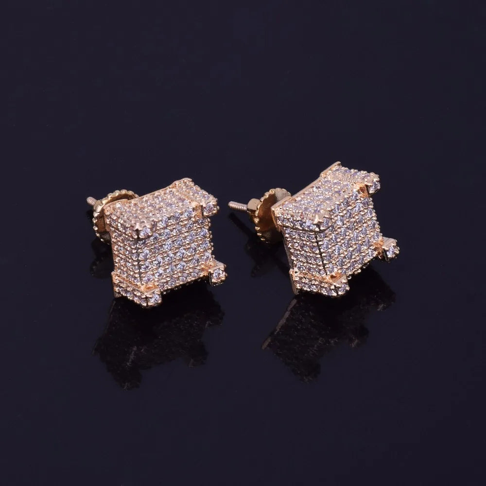 10x10mm Mens Zircon Earring Hip hop style Copper Material Iced Bling CZ Square Stud Earrings Screw-back Fashion Jewelry