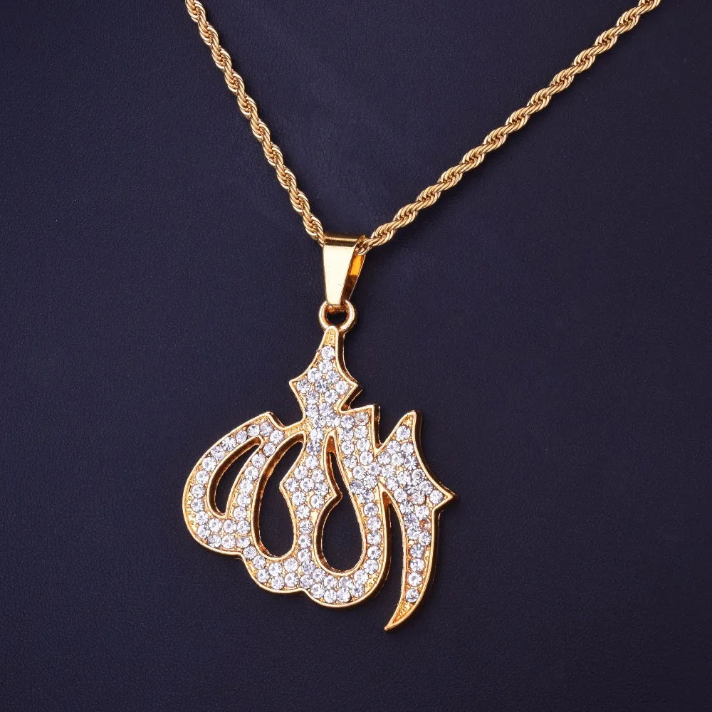 Religious Muslim Jewelry Hip Hop Style Gold Color Bling Crystal Islamic Allah Necklaces & Pendants For Men/Women