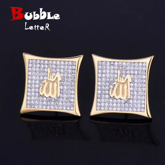 Religious Allah Gold Color Arabic Earrings Iced Cubic Zirconia Stud Earring Men's Hip Hop Jewelry For Friend Gift 15mm