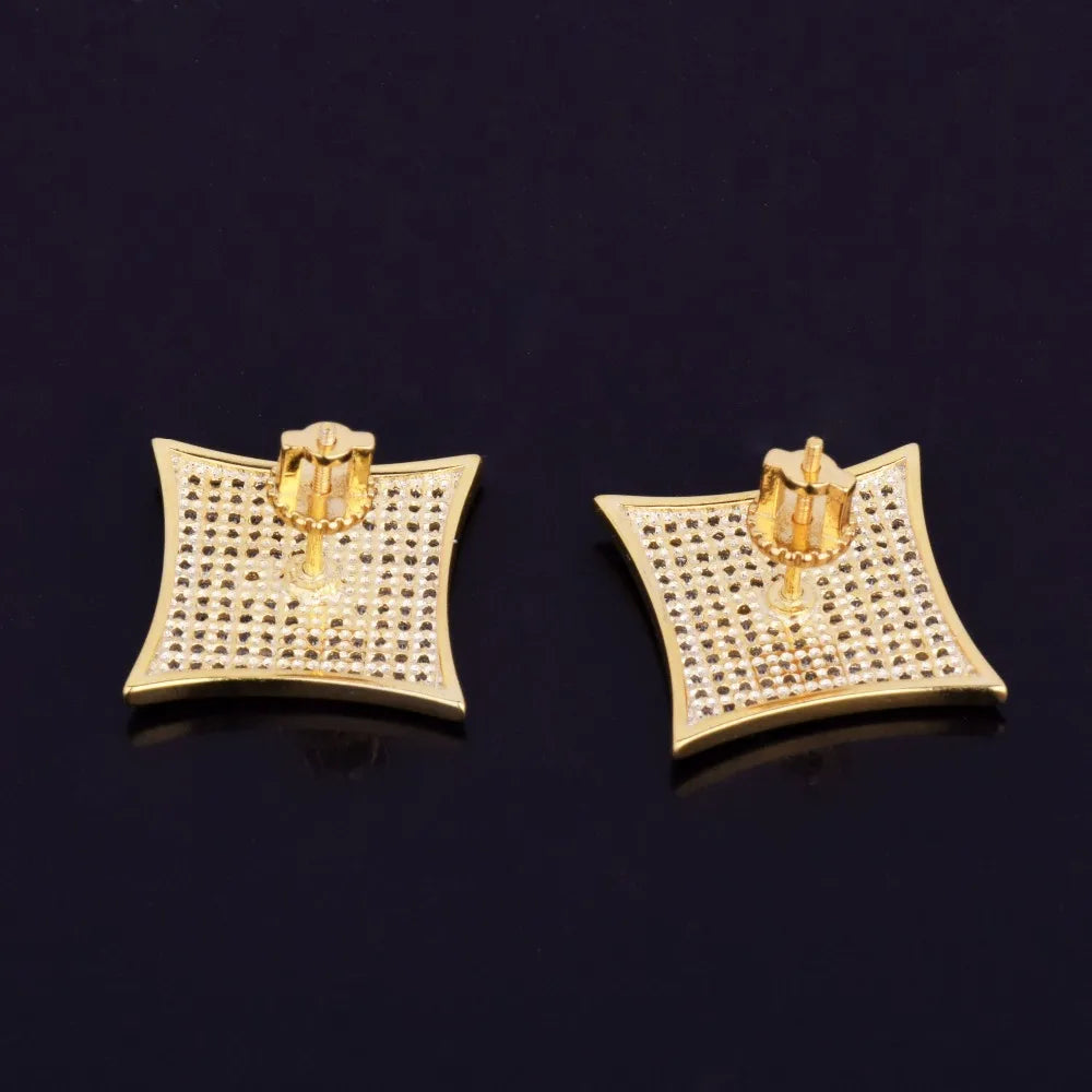 Iced Square Masonic Freemasonry Stud Earring Gold Color Cubic Zircon Earrings For Men Hip Hop Jewelry For Gift 15mm