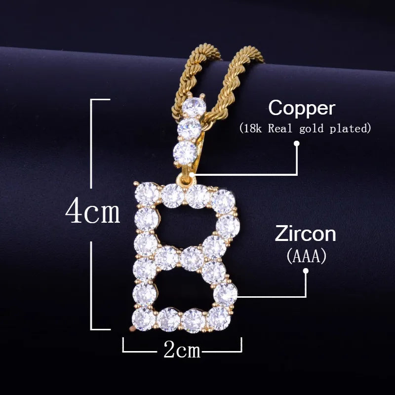 Single Zircon Tennis Letters Necklaces & Pendant Charm For Men/Women Gold Color Hip Hop Jewelry with Rope chain