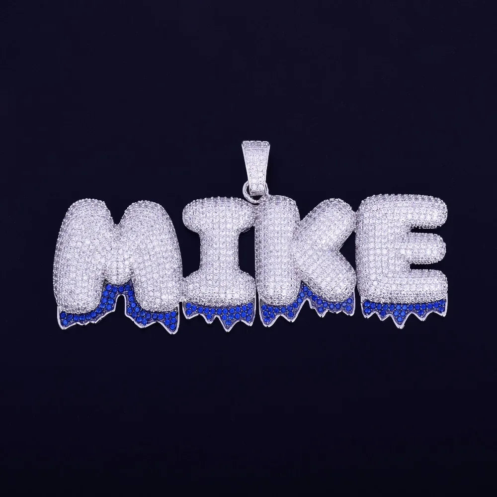 Bubble Letter Custom Name Necklace for Men Blue Drippy Personalized Pendants Real Copper Zircon Hip Hop Jewelry Iced Out Charms